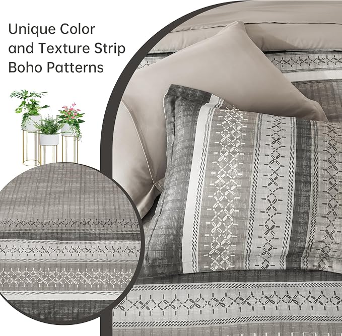 Dintszyayue Taupe King Comforter Size Set, 8 Pieces Striped Texture Bed in a Bag Bedding Sets, Lightweight Soft Comforter and Sheet Set, All Season Microfiber Teen Boys Bedding Sets for Men Women