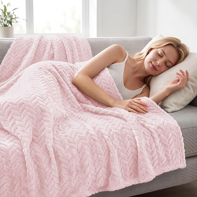Exclusivo Mezcla Fleece Throw Blanket for Couch Sofa, 50”x70”, Light Pink | Oversized Soft Cozy Fluffy Blankets for Summer, Decorative Plush Flannel Throws for Living Room, Bedroom with Leaves Pattern