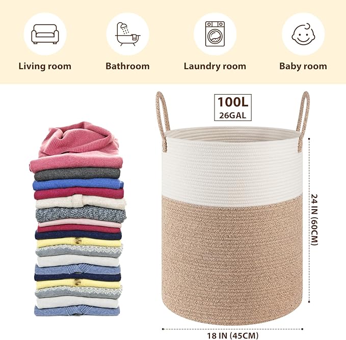 OIAHOMY 100L Nursery Hamper Laundry Basket Laundry Hamper Brown/White | collapsible Blanket Basket Cotton Rope Woven Basket Dirty Clothes Hamper Baby Hamper Tall Clothes Hamper with Handles