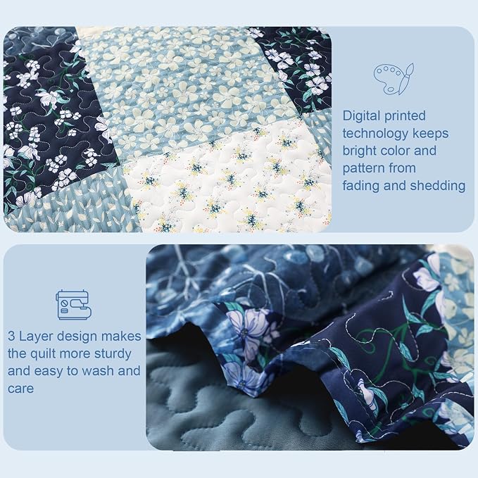 Exclusivo Mezcla Reversible Boho Quilt King Size Blue | Lightweight Soft Bedspreads, All Season Patchwork Coverlet Bedding Set, Printed Floral Pattern, 1 Quilt and 2 Pillow Shams