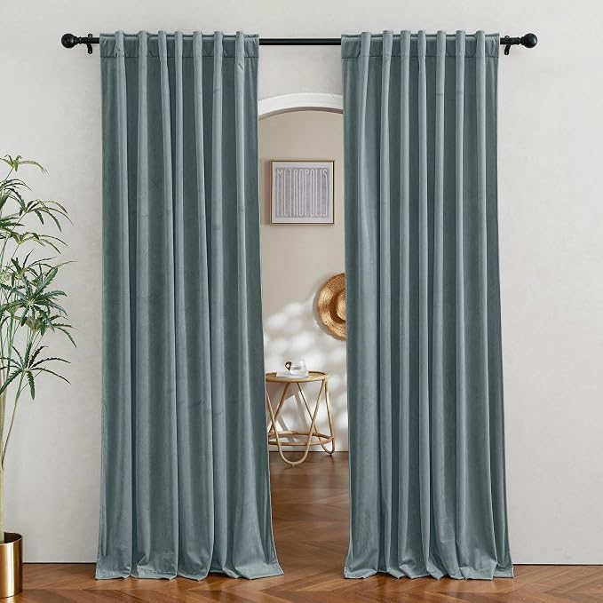 RYB HOME Velvet Curtains 96 inches Long for Sliding Patio Door | Thermal Insulated， Privacy UV Heat Blocking, Back Tab, Room Divider for Space Separation, W62 x L96, Stone Blue, 2 Panels