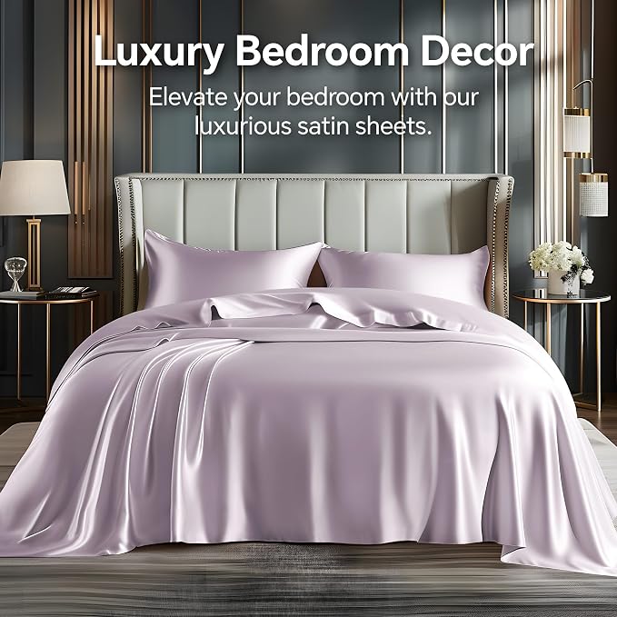 BEDELITE Satin Sheets Full Size Bed Set, Lavender, 4 Pieces | Luxury Silky Bed Sheets, 15 Inch Deep Pocket, Similar to Silk, Soft and Cooling, Reduces Friction, Gentle on Hair and Skin