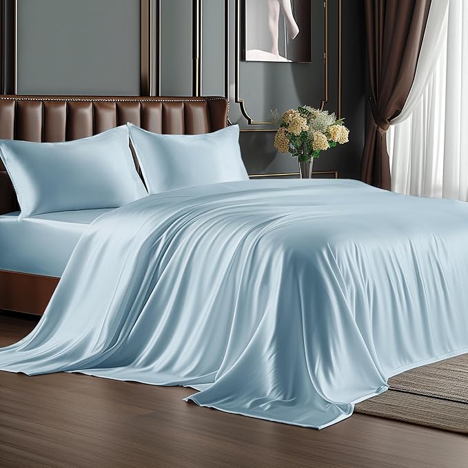 BEDELITE Satin Sheets Queen Size Bed Set, Light Blue, 4 Pieces | Luxury Silky Bed Sheets, 15 Inch Deep Pocket, Similar to Silk, Soft and Cooling, Reduces Friction, Gentle on Hair and Skin