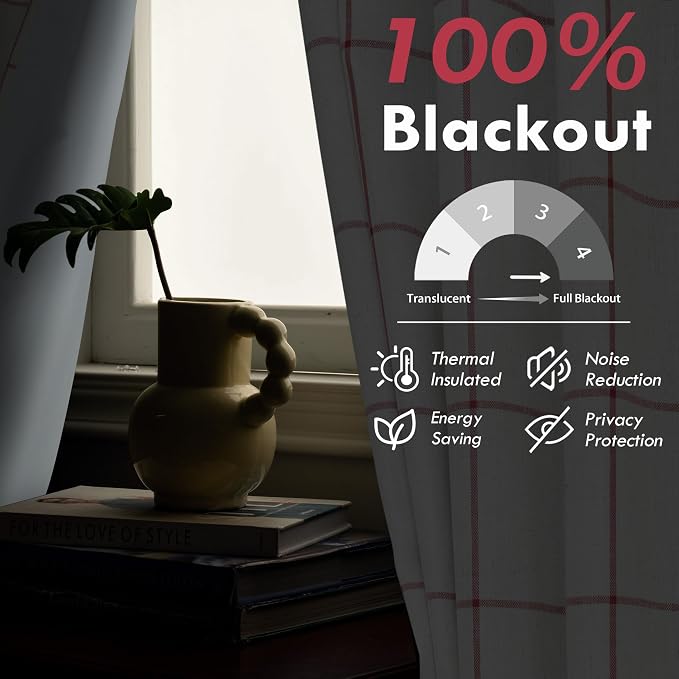 DriftAway 100% Blackout Plaid Linen Curtains 72 Inches Long 2 Panels Red | 100% Blackout, Linen Texture, Plaid Pattern, Two Layers, Rod Pocket & Back Tab, Bedroom Living Room Use, Luxury Appearance