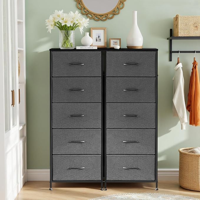 5 Drawers Dresser for Bedroom Fabric Storage Tower with Wooden Top | Steel Frame Tall Chest of Drawers for Closet, Entryway, Dorm, Gray