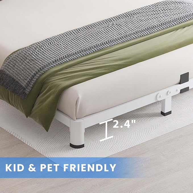 MAF 4 Inch Queen Metal Platform Bed Frame White with Round Corner Legs | Mattress Slide Stopper, 3000 LBS Heavy Duty Steel Slats Support, Noise Free, No Box Spring Needed, Easy Assembly, Anti-Slip
