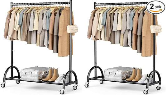 MISSLO Heavy Duty Clothing Rack with Wheels Rolling Clothes Racks for Hanging Clothes, Coats, Garment, Dress, Black (Pack of 2)