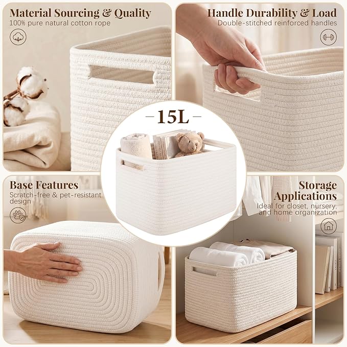 OIASKET 4Packs Natural Cotton Rope Storage Baskets for Organizing Toys, Clothes, Towels & Books, Soft Versatile Organizers for Shelves, Home Decorative Bins, 13''Lx9''Wx7.8''H, White