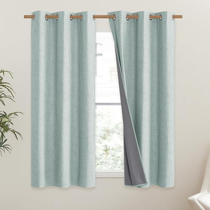 NICETOWN 100% Absolutely Blackout Linen Curtains with Thermal Insulated Liner, Seafoam Green, 42" Wide, 45" Length Energy Saving Curtains for Dining Room 2 Panels Set, Vertical Blinds