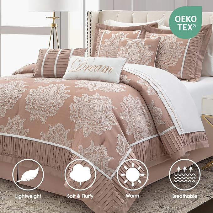 Blush King Size Comforter Set, 15 Pieces, Damask Jacquard Woven, Bedding Set with Sheets, Room in a Bag, Comforter, Bed Skirt, Pillow Shams and Decor Pillows, Curtains