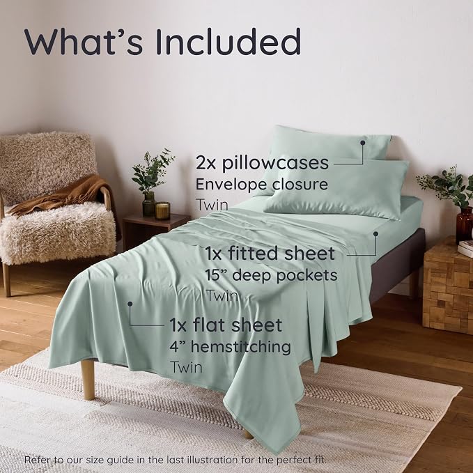 Bambaw 100% Viscose Derived from Bamboo Sheets Twin Size Set – 4-Piece Twin Sheets Set, Cooling, Ultra Soft & Breathable, Moisture Wicking Comfort, Smooth Feel for Restful Sleep (Sea Glass)