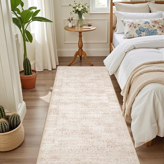 Hallway Runner Rug: 2.6x8 Kitchen Rugs for Living Room Beige Brown | Runner Rug Hallway Washable Rug No Slip Soft Bedroom Rug Indoor Floor Stain Resistant Carpets for Entryway, Laundry, Bathroom