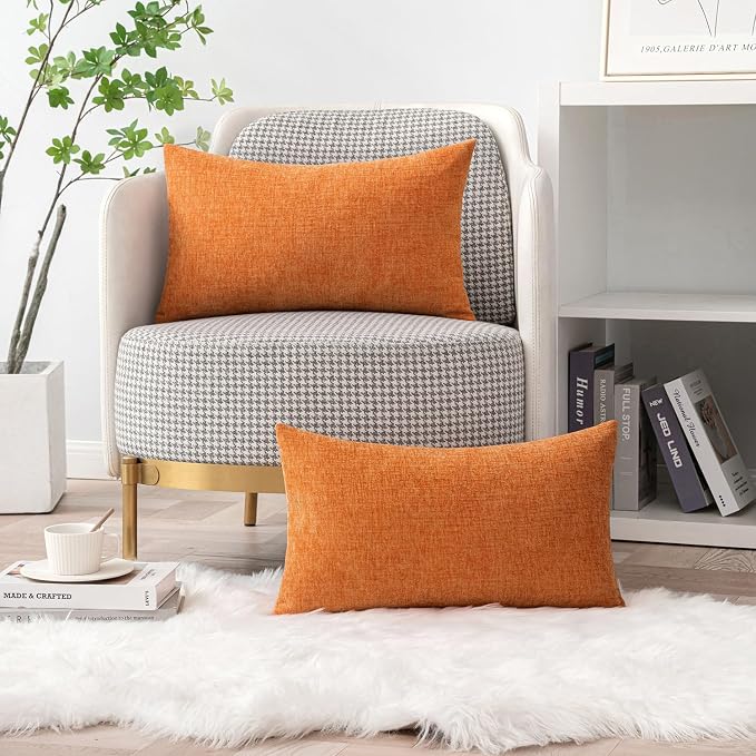 MIULEE Soft Chenille Fall Lumbar Throw Pillow Covers Orange 12x20 Inch | Pack of 2, Modern Fall Decor, Classic Decorative Pillows, Solid Dyed Cases, Couch Cushion Covers for Sofa Bed Living Room
