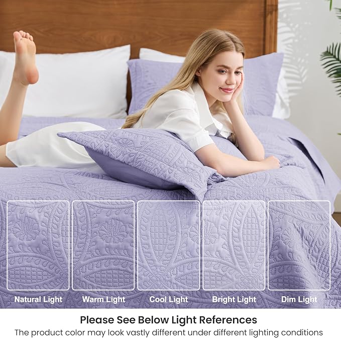 Love's cabin California King Size Quilt Bedding Set Lavender Bedspreads - Cal King Lightweight Bedspread Comforter - Coin Pattern Coverlet for All Season - 3 Pieces (1 Quilt, 2 Pillow Shams)