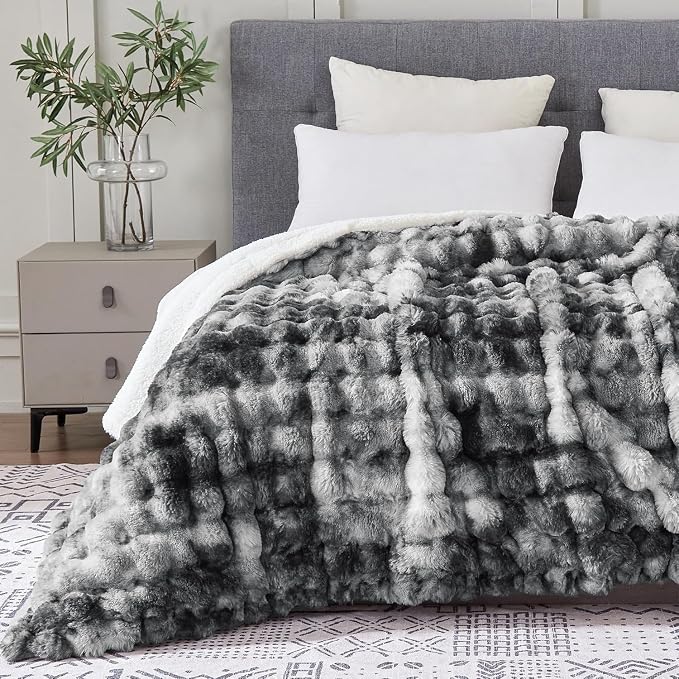 60x80 Inches Ultra-Soft Fuzzy Faux Fur Plush Twin Size Blanket - Thick, Warm Sherpa for Couch, Sofa, Bedroom, Camping - Decorative Blanket for Cozy Warmth, Bubble Light Grey Tie Dye