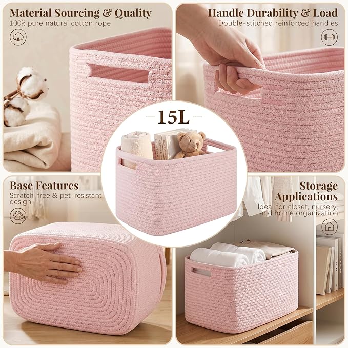 OIASKET 4Packs Natural Cotton Rope Storage Baskets for Organizing Toys, Clothes, Towels & Books, Soft Versatile Organizers for Shelves, Home Decorative Bins, 13''Lx9''Wx7.8''H, Pink