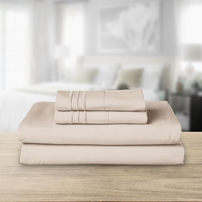 Elegant Comfort Luxurious 1500 Premium Hotel Quality Microfiber Three Line Embroidered Softest 4-Piece Bed Sheet Set, Wrinkle and Fade Resistant, Twin/Twin XL, Cream