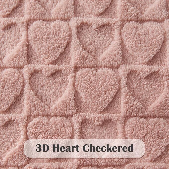 NEWCOSPLAY 3D Heart Checkered Flannel Throw Blanket, Dusty Pink, 50"x70" | Super Soft Cute Lightweight Decorative Premium Silky Fleece Blanket for Couch Sofa Bed, Gift for Women Men, All Season Use
