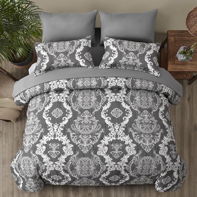 WONGS BEDDING Dark Grey Comforter Set Queen Size, Damask Texture 7 Pieces Bed in a Bag Microfiber Comforter Bedding Sets -1 Comforter, 1 Flat Sheet, 1 Fitted Sheet, 2 Pillow Shams, 2 Pillowcases