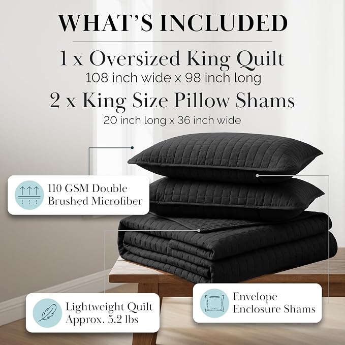 Southshore Fine Living, Inc. Oversized King Quilt Bedding Set, Microfiber Quilts, Pet Hair Resistant Bedding, Oversized King Size Quilt Set w/2 Pillow Shams, Black Bedspread & Coverlet Sets