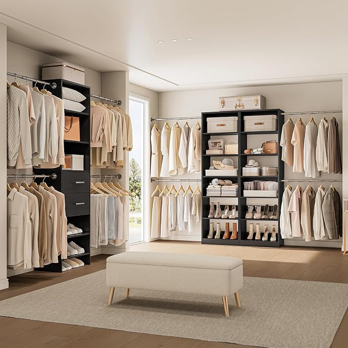 ONBRILL W1 3.5FT-7.7FT Closet System with 4 Chrome-Plated Telescopic Rods | Modular Closet Organizer System with 6 Adjustable Shelves, Custom Wood Walk-In & Reach-In Closet Organizer, Wall Mount, Black
