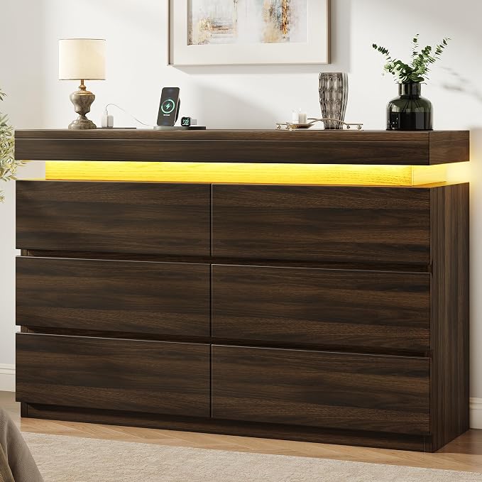 6 Drawer Dresser with LED Lights and Charging Station, Modern Brown Dresser | RGB Lights with App and Remote Control, Music Sync Mode, 6 Spacious Drawers and Durable MDF Storage for Bedrooms or Closets