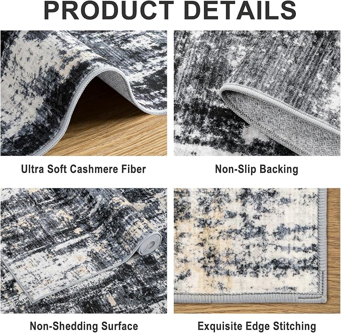 PLHXFR 9x12 Area Rug Living Room: Abstract Washable Carpet Black Gold | For Bedroom Dining Room Farmhouse Nursery Home,Machine washable,Non Slip,Large Soft Neutral,Stain Resistant, Indoor Floor