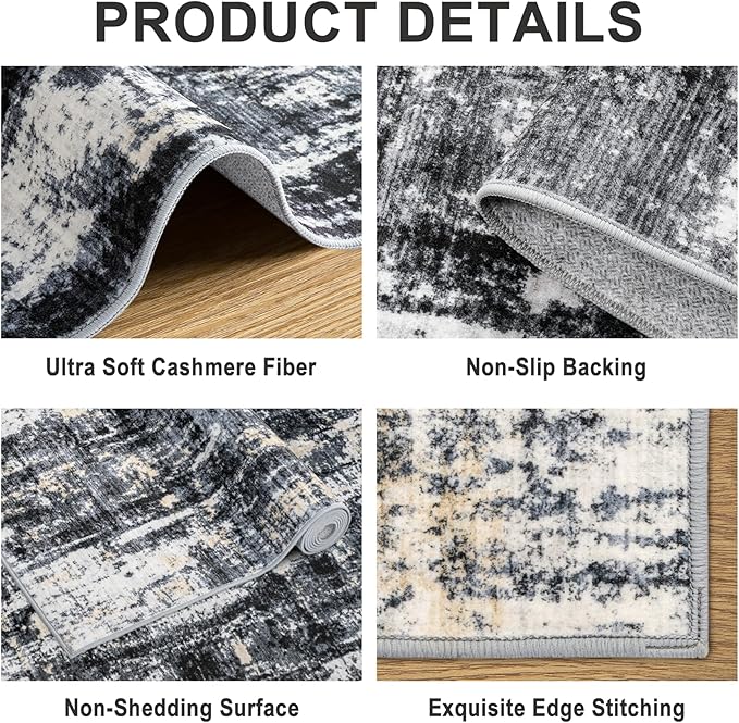 PLHXFR Area Rug Living Room: 5x7 Abstract Washable Carpet Black Gold | For Bedroom Dining Room Farmhouse Nursery Home,Machine washable,Non Slip,Large Soft Neutral,Stain Resistant, Indoor Floor