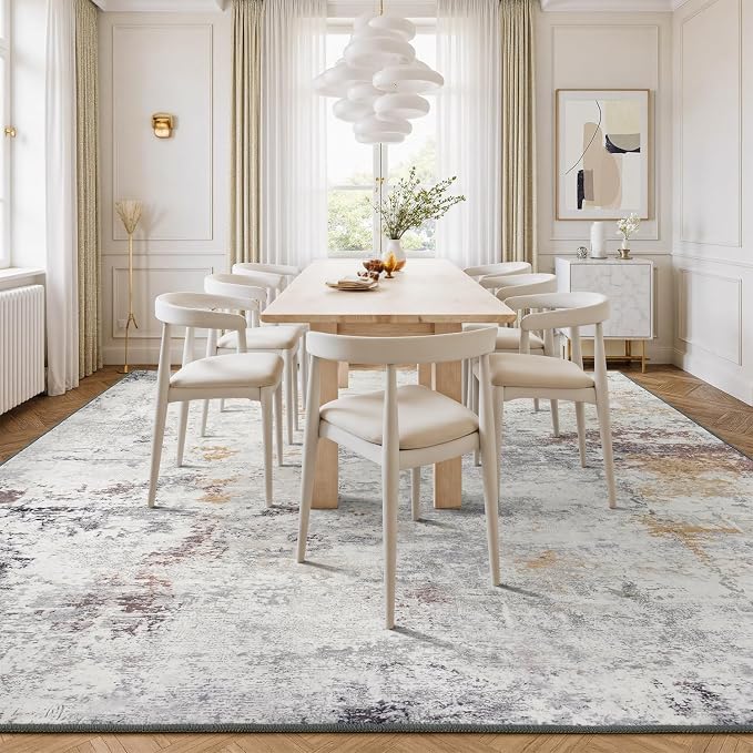 Rugflix 10x14 Area Rugs for Living Room, Washable Beige Grey Large Rug | Machine Washable; Stain-Resistant; Low Pile; Non-Slip; Modern Abstract; Carpet for Bedroom Dining Office Nursery Home