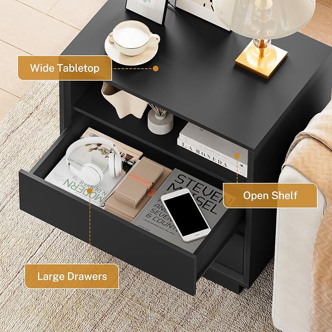 TEENFON Nightstands Set of 2, Night Stand with 2 Drawers and Open Shelf, Nightstand Side Table with Cut-Out Handle, Bedside End Table for Bedroom, Black, 17.7″ L × 15.7″ W × 23.6″ H