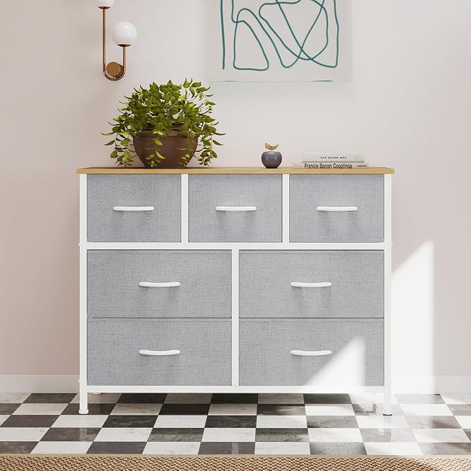 OLIXIS 7 Drawer Fabric Dresser, Storage Tower for Bedroom and Closet | Easy-Pull Bins for Closet Organizers, Chest of Drawers with Steel Frame & Wooden Top for Living Room, Entryway, Light Gray