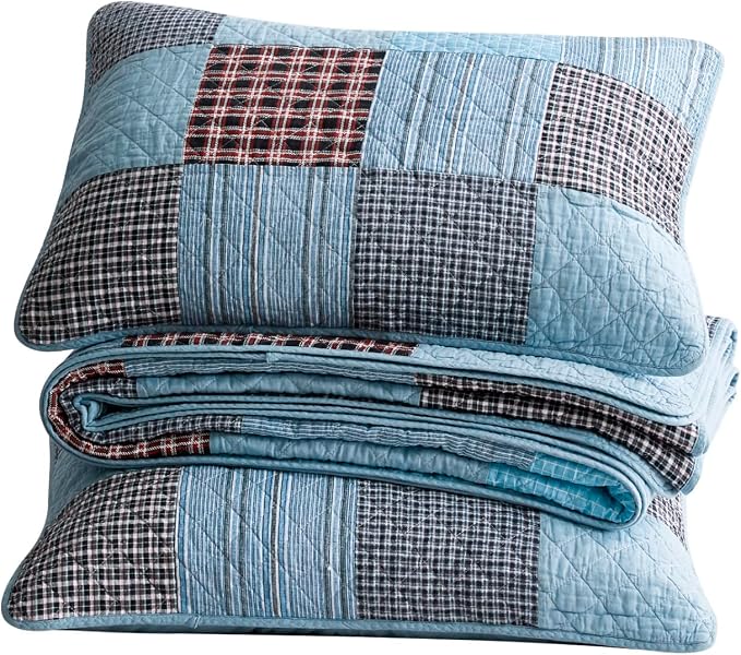 Chezmoi Collection Bram 3-Piece Patchwork Quilt Set King - Pre-Washed Cotton Solid Plaid Multi Striped Coverlet - Lightweight Reversible Bedspread Bedding Set King Size