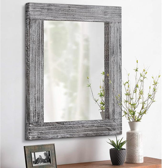 Rustic Wall Mirror Farmhouse, with Frame Wood Wall Mirror Rectangle Antique Decor Hanging Mirror for Bathroom Living Room Bedroom Entryway Small 16" x 12 "