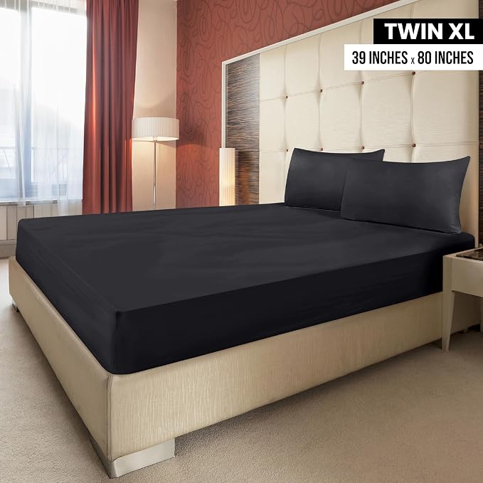 Pack of 2 Twin XL Fitted Sheet, Fits Up to 16 Inch Deep Pocket, Black | Hotel Comfort, Cooling & Breathable Cotton like Polyester, Easy Fit, Wrinkle & Fade Resistant, Snug Fit, Easy Care, Oeko-Tex