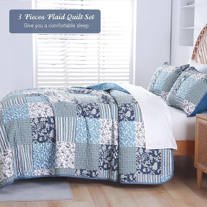 Mybedsoul King Size Quilt, Boho Patchwork Floral Bedding Set, Navy Blue | Soft Lightweight Microfiber Floral Coverlet Set, 3 Pieces Plaid Reversible Bedspread, Bed Sets for All Seasons 90"x110"