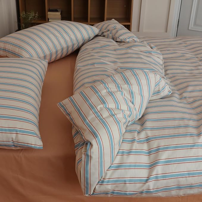 LifeTB Full Comforter Set Blue Brown Striped Comforter Set, 3 Pieces Retro Stripes Pattern Printed Comforter with 2 Pillowcases, Lightweight Fluffy Soft Breathable Striped Bedding Set for All Seasons