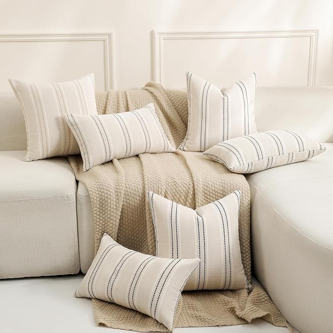 Hckot Black Striped Throw Pillow Covers 20x20 Set of 2 Boho Pillow Covers | Textured Linen Decorative Pillowcase Square Cushion Covers for Bed Couch Sofa Living Room Boho Farmhouse Home Decor