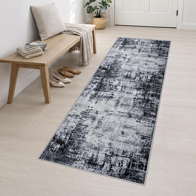 2.6x10 Washable Runner Rug:Modern Abstract Soft Carpet Dark Black | For Hallway, Bedroom, Kitchen, Laundry, Bathroom,Door Mat,Modern Abstract,Machine washable,Non-Slip,Stain Resistant,Indoor