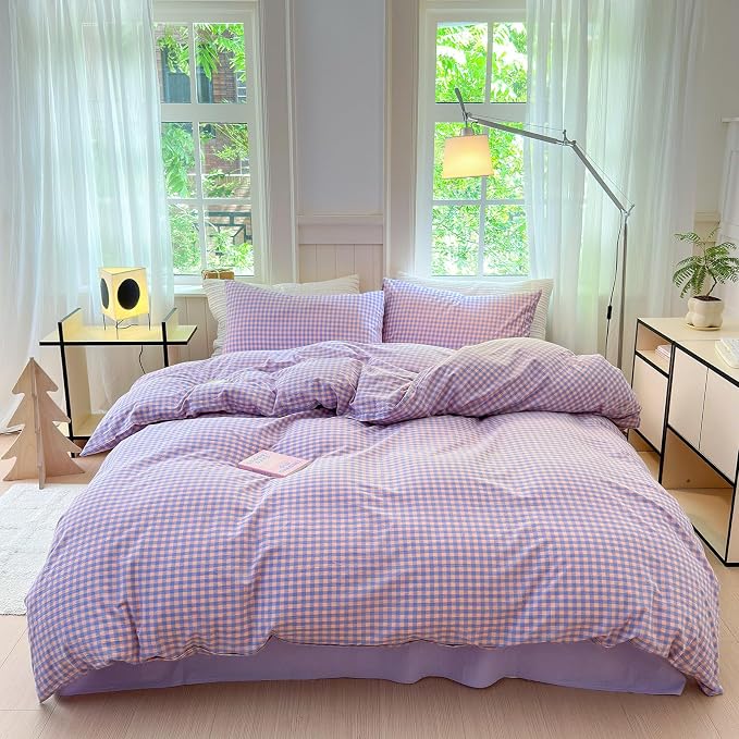 LifeTB Purple Gingham Comforter Queen Comforter Set Fluffy Soft Plaid Checkered Pattern Comforter Purple Pink Gingham Bedding Set Farmhouse Grid Plaid Comforter Set for All Seasons Queen Size