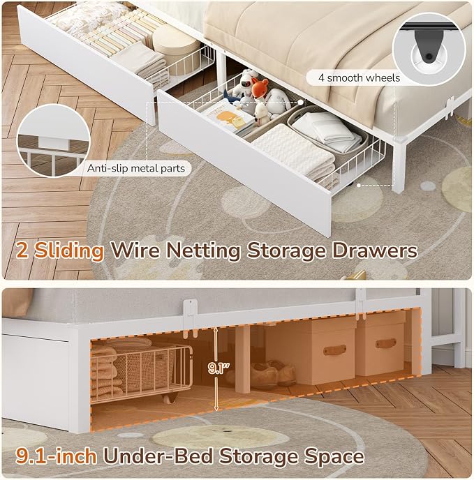 DICTAC Full Corner Bed Frame with 2 Storage Drawers and Bookcase Headboard,Full Size Metal Platform Bed Frame with Charging Station and Led Lights,Modern Full Daybed for Kids,Teen and Guests,White