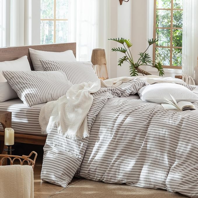 MooMee Striped Duvet Cover Set 100% Washed Cotton Linen Like King | Relaxed Linen-like Texture. Soft, Breathable & Long-lasting Comfort. Lightweight. Hidden Zipper with 8 Interior Corner Ties