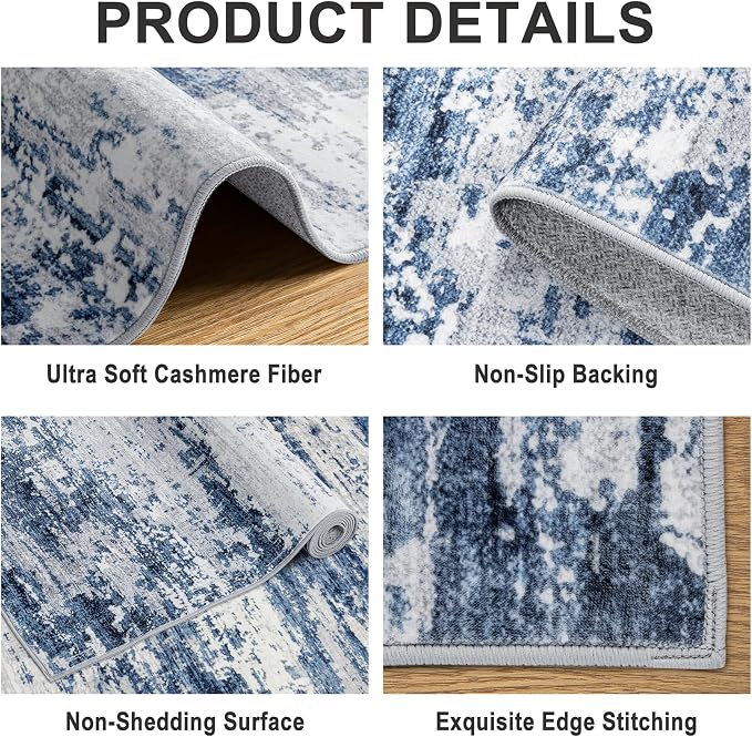 PLHXFR 8x10 Area Rug Living Room: Abstract Washable Carpet Blue Gray | For Bedroom Dining Room Farmhouse Nursery Home,Machine washable,Non Slip,Large Soft Neutral,Stain Resistant, Indoor Floor