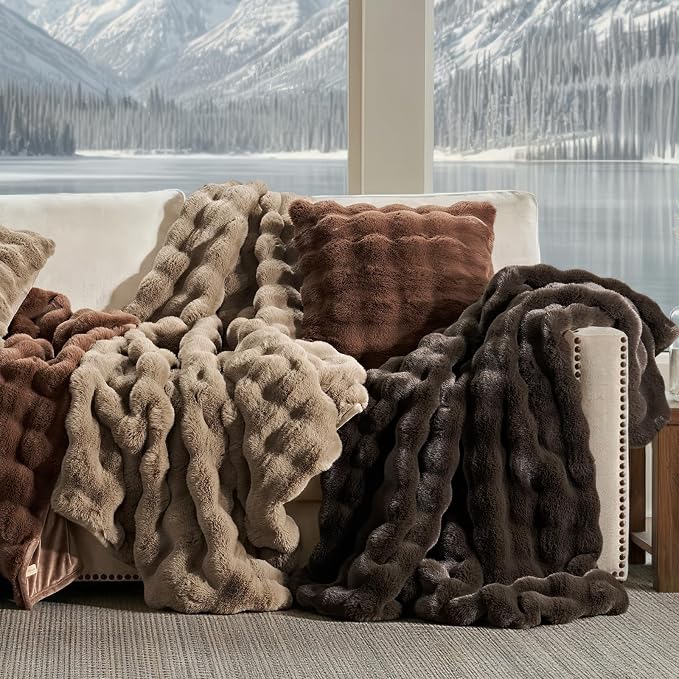 EverGrace Faux Rabbit Fur Bubble Throw Blanket, 60"x80", Greige | Ultra Soft, Luxury Faux Rabbit Fur Throw, Thick Warm Bubble Blanket, Cozy Fluffy Reversible, for Bed, Couch, Chair, Sofa