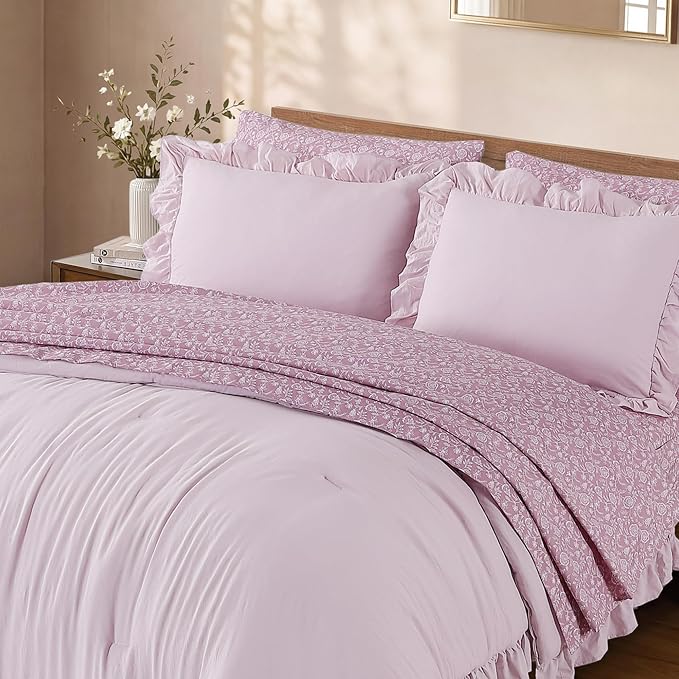 Queen Comforter Set-7 Pieces Ruffle Bedding with Floral Sheet | Mauve Vine Bed in a Bag, Soft Lightweight All Season Farmhouse Queen Bedding Sets with Floral Sheets, Pillowcases & Shams