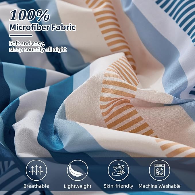 Dobuyly Blue King Size Comforter Set 7 Pieces, Boho Striped Bed in a Bag Soft Microfiber All Season Bedding Set with Comforter, Sheets, Pillowcases & Shams