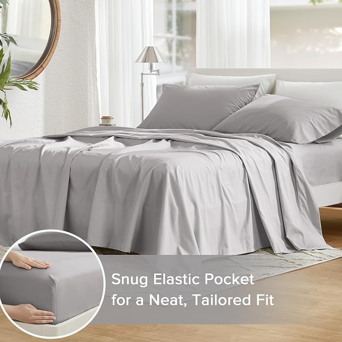 Comfort Spaces 100% Cotton Percale Sheets Queen Sheet Set 4 Piece, Grey | Crisp, Cool & Breathable Bed Sheets, 14" Deep Pocket Fits Up to 16" Mattress, Lightweight, All Season Cozy, with Pillow Case