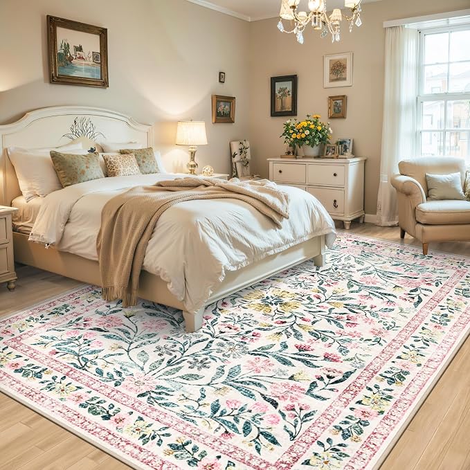 PLHXFR 6x9 Area Rug Living Room: Floral Washable Boho Carpet Pink Green | For Bedroom Dining Room Farmhouse Nursery Hallway,Vintage Floral,Machine washable,Non Slip,Stain Resistant,Large Indoor