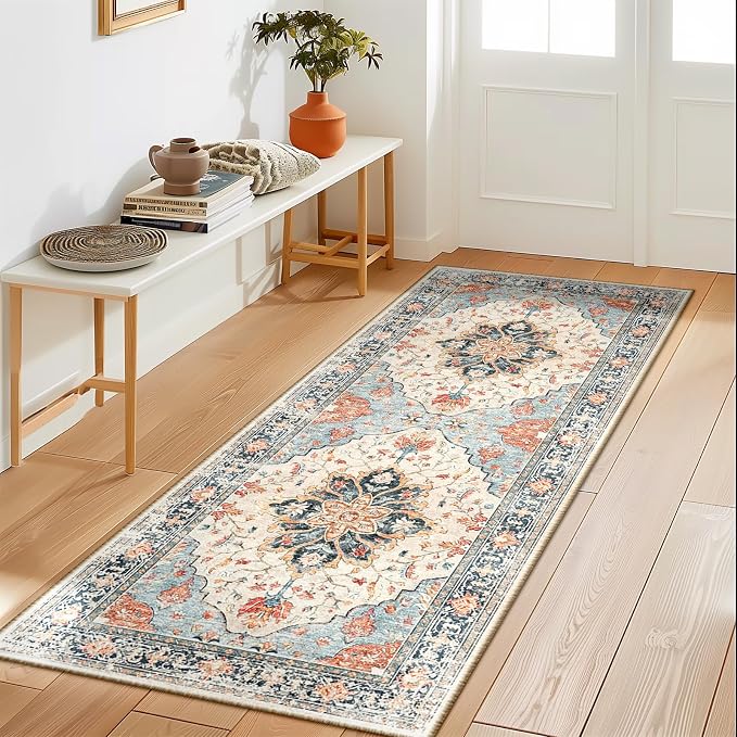 RELEANY Washable Area Rug, Runner 2'x5', Beige/Blue/Orange | Non-Slip, Water Repellent, Pet Friendly, Easy to Clean, Vintage Floral Boho Decor for Kitchen Entry Bedroom Bedside Laundry