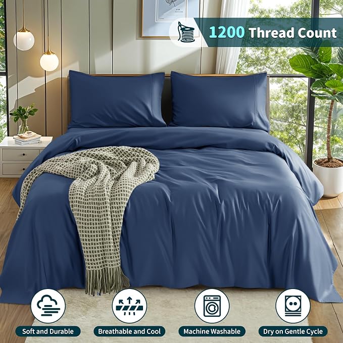 LBRO2M 100% Egyptian Cotton Sheets 1200 TC, Deep Pocket 16", 4Pcs, Cal King | Long Staple Cotton Bed Sheets, Extra Soft and Breathable Sheets, Cozy for All Seasons, Navy Blue