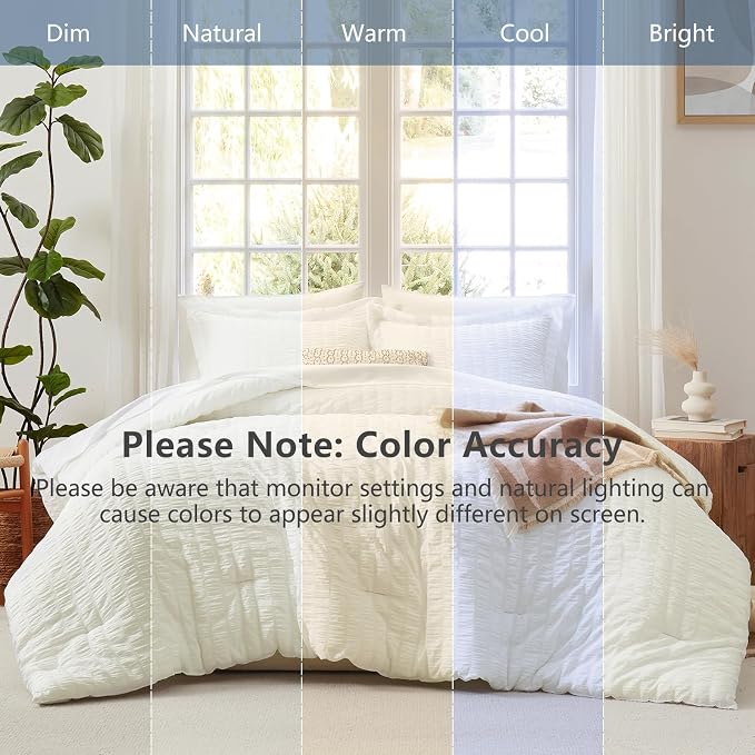 Queen Comforter Set, 7 Pieces Ivory Seersucker Bed in a Bag | OEKO-TEX Certified, All Season Bedding Set with 240 GSM Down Alternative Comforter, Flat & Fitted Sheets, Pillowcases & Shams